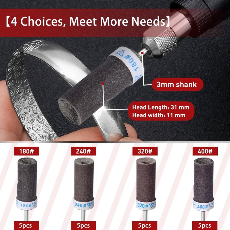 PONTASS 180 240 320 400 Grit Sanding Bits for Dremel Tool with 1/8" Shank 20Pcs Sanding Drums Rotary Tools Accessories, Sanding Stick Sand Paper Tips for Metal Rust Removal/Jade Polishing/Stone Grinding - Image 3